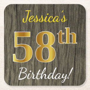 Faux Wood, Faux Gold 58th Birthday + Custom Name Square Paper Coaster