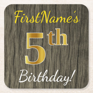 Faux Wood, Faux Gold 5th Birthday + Custom Name Square Paper Coaster