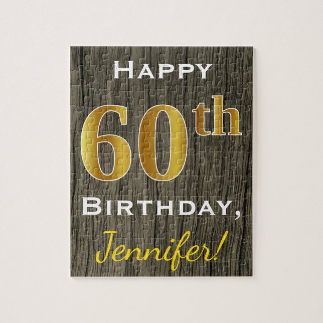 Faux Wood, Faux Gold 60th Birthday + Custom Name Jigsaw Puzzle (Vertical)