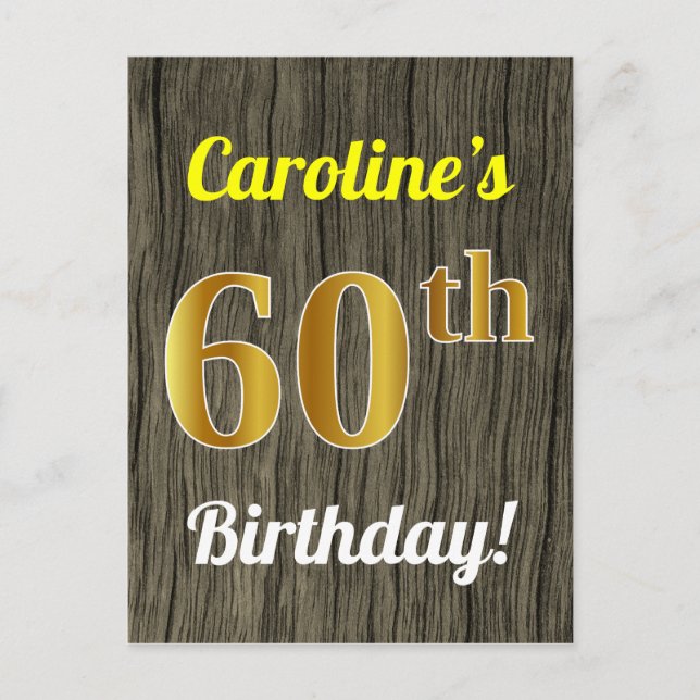 Faux Wood, Faux Gold 60th Birthday & Custom Name Postcard (Front)