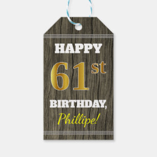 Faux Wood, Faux Gold 61st Birthday + Custom Name Gift Tags