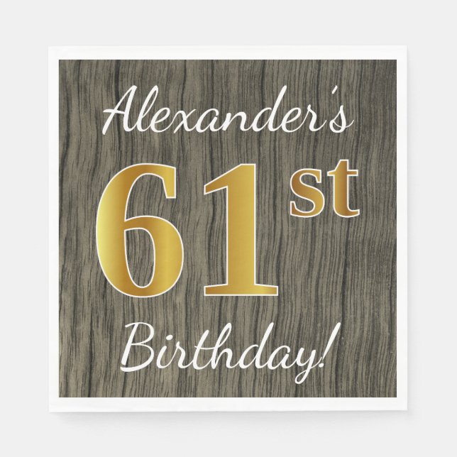 Faux Wood, Faux Gold 61st Birthday + Custom Name Napkin (Front)