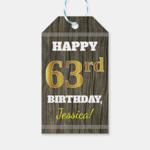 Faux Wood, Faux Gold 63rd Birthday + Custom Name Gift Tags