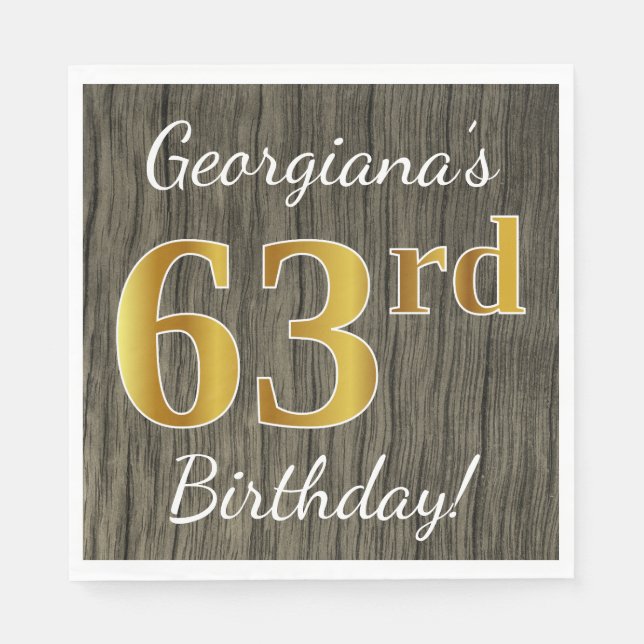 Faux Wood, Faux Gold 63rd Birthday + Custom Name Napkin (Front)