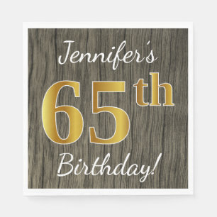 Faux Wood, Faux Gold 65th Birthday + Custom Name Napkin