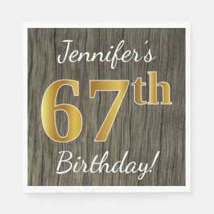 Faux Wood, Faux Gold 67th Birthday + Custom Name Napkin