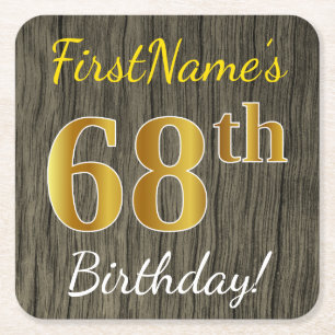 Faux Wood, Faux Gold 68th Birthday + Custom Name Square Paper Coaster