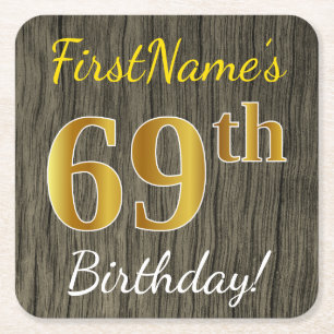 Faux Wood, Faux Gold 69th Birthday + Custom Name Square Paper Coaster