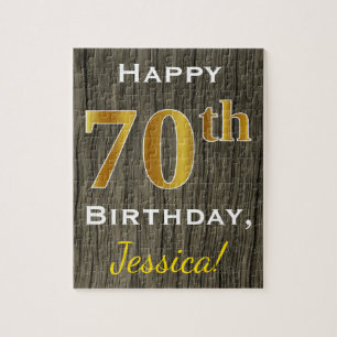 Faux Wood, Faux Gold 70th Birthday + Custom Name Jigsaw Puzzle