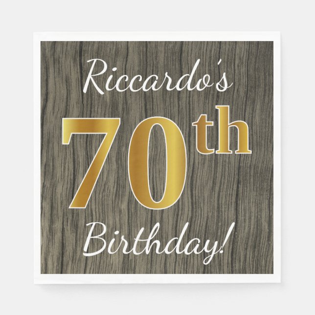 Faux Wood, Faux Gold 70th Birthday + Custom Name Napkin (Front)