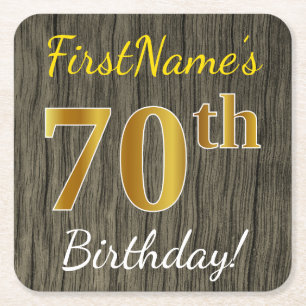 Faux Wood, Faux Gold 70th Birthday + Custom Name Square Paper Coaster