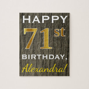 Faux Wood, Faux Gold 71st Birthday + Custom Name Jigsaw Puzzle