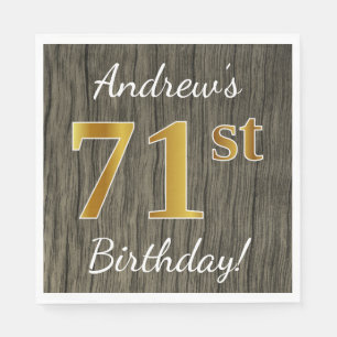 Faux Wood, Faux Gold 71st Birthday + Custom Name Napkin