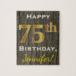 Faux Wood, Faux Gold 75th Birthday + Custom Name Jigsaw Puzzle