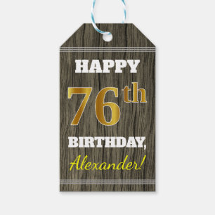 Faux Wood, Faux Gold 76th Birthday + Custom Name Gift Tags
