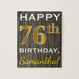 Faux Wood, Faux Gold 76th Birthday + Custom Name Jigsaw Puzzle