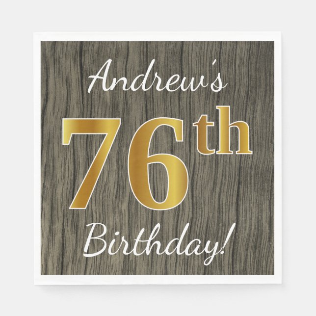 Faux Wood, Faux Gold 76th Birthday + Custom Name Napkin (Front)