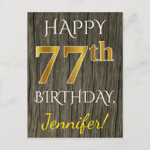 Faux Wood, Faux Gold 77th Birthday + Custom Name Postcard