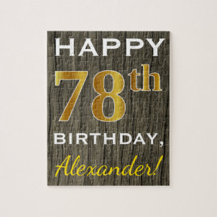Faux Wood, Faux Gold 78th Birthday + Custom Name Jigsaw Puzzle