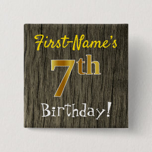 Faux Wood, Faux Gold 7th Birthday + Custom Name 2 Inch Square Button