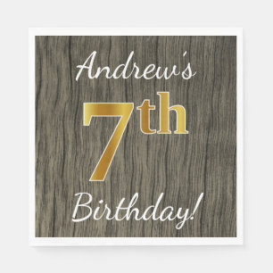 Faux Wood, Faux Gold 7th Birthday + Custom Name Napkin