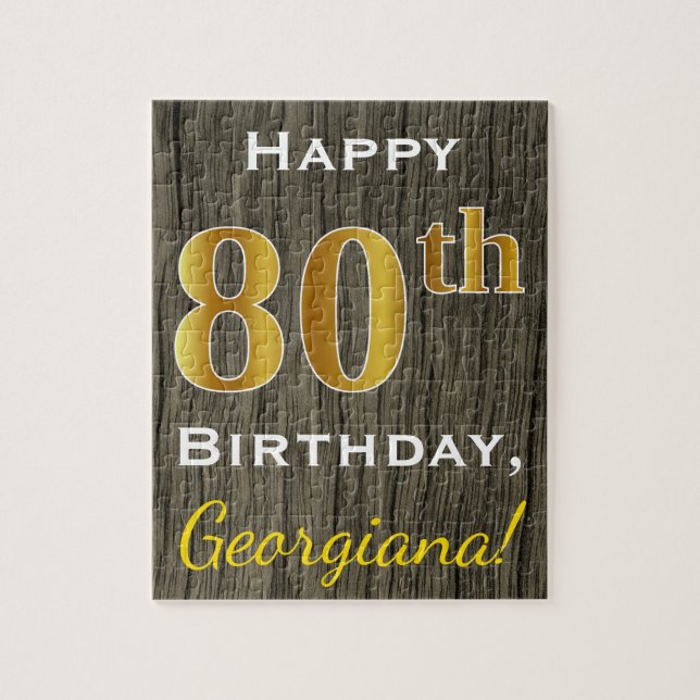 Faux Wood, Faux Gold 80th Birthday + Custom Name Jigsaw Puzzle (Vertical)