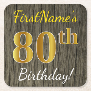 Faux Wood, Faux Gold 80th Birthday + Custom Name Square Paper Coaster