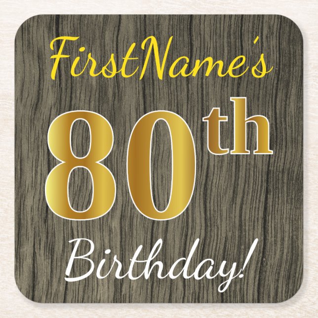 Faux Wood, Faux Gold 80th Birthday + Custom Name Square Paper Coaster (Front)