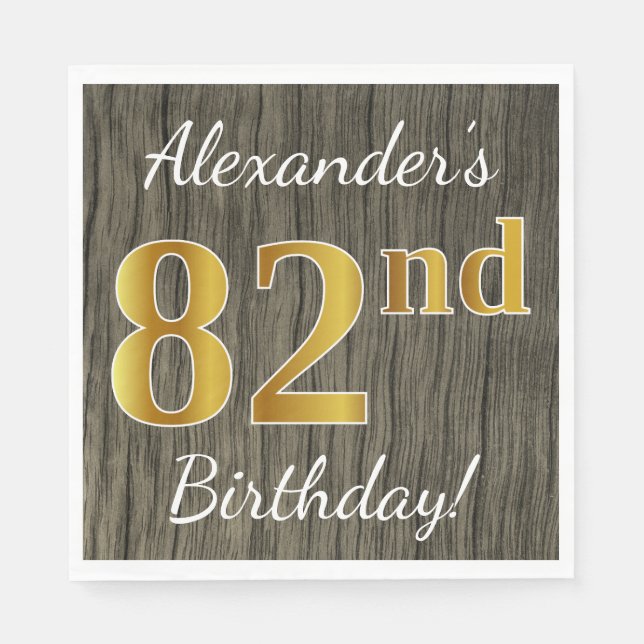 Faux Wood, Faux Gold 82nd Birthday + Custom Name Napkin (Front)