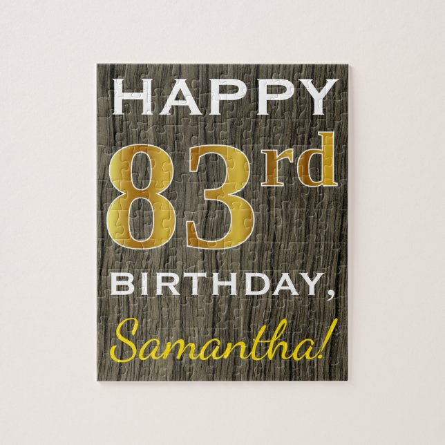 Faux Wood, Faux Gold 83rd Birthday + Custom Name Jigsaw Puzzle (Vertical)