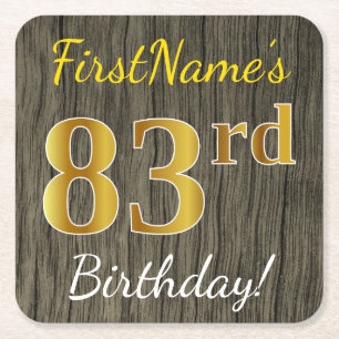 Faux Wood, Faux Gold 83rd Birthday + Custom Name Square Paper Coaster