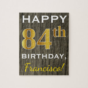 Faux Wood, Faux Gold 84th Birthday + Custom Name Jigsaw Puzzle