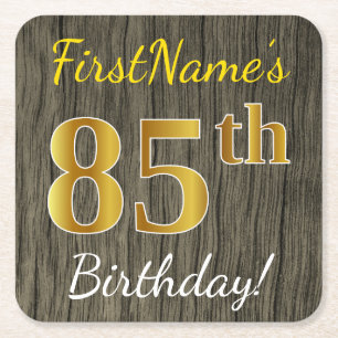Faux Wood, Faux Gold 85th Birthday + Custom Name Square Paper Coaster