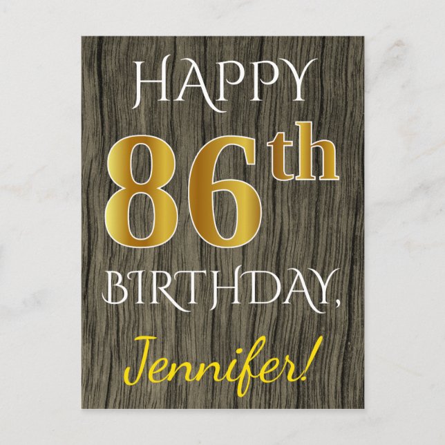 Faux Wood, Faux Gold 86th Birthday + Custom Name Postcard (Front)