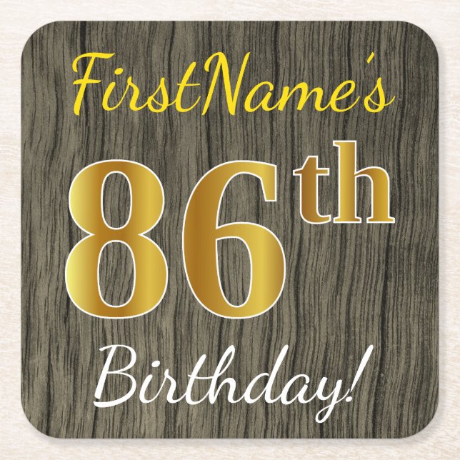 Faux Wood, Faux Gold 86th Birthday + Custom Name Square Paper Coaster (Front)