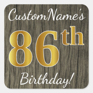 Faux Wood, Faux Gold 86th Birthday + Custom Name Square Sticker