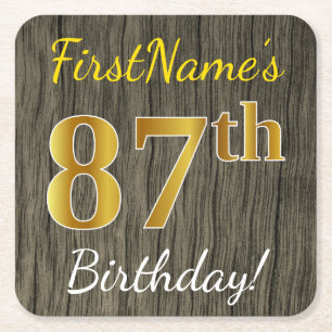 Faux Wood, Faux Gold 87th Birthday + Custom Name Square Paper Coaster