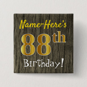 Faux Wood, Faux Gold 88th Birthday + Custom Name 2 Inch Square Button
