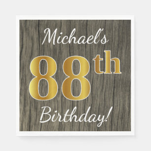 Faux Wood, Faux Gold 88th Birthday + Custom Name Napkin
