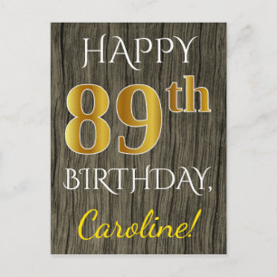Faux Wood, Faux Gold 89th Birthday + Custom Name Postcard
