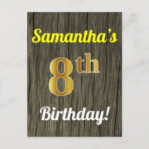 Faux Wood, Faux Gold 8th Birthday & Custom Name Postcard