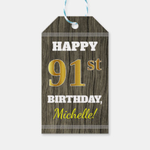 Faux Wood, Faux Gold 91st Birthday + Custom Name Gift Tags