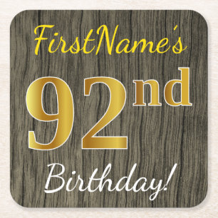 Faux Wood, Faux Gold 92nd Birthday + Custom Name Square Paper Coaster