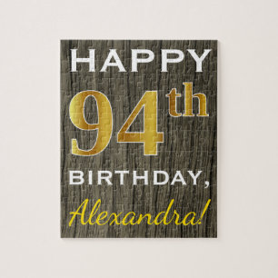 Faux Wood, Faux Gold 94th Birthday + Custom Name Jigsaw Puzzle