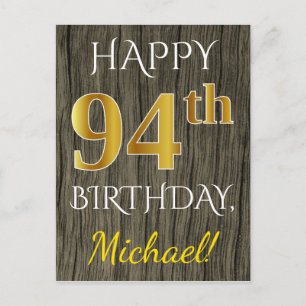 Faux Wood, Faux Gold 94th Birthday + Custom Name Postcard