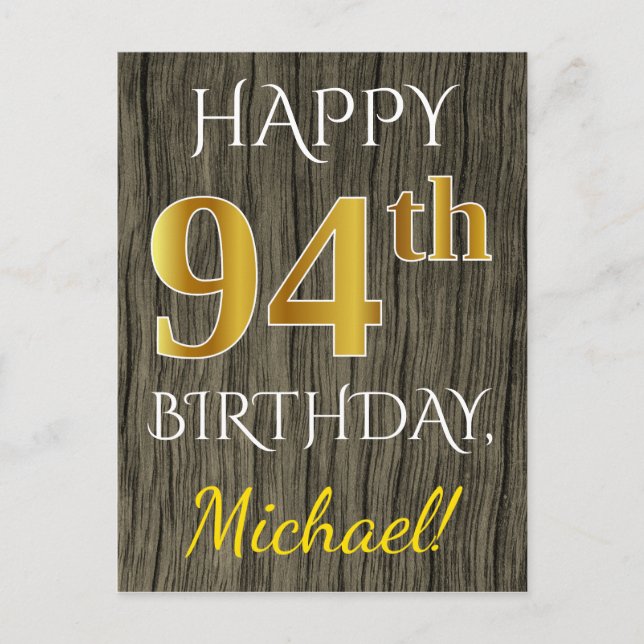 Faux Wood, Faux Gold 94th Birthday + Custom Name Postcard (Front)