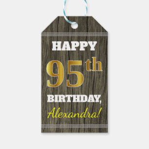 Faux Wood, Faux Gold 95th Birthday + Custom Name Gift Tags