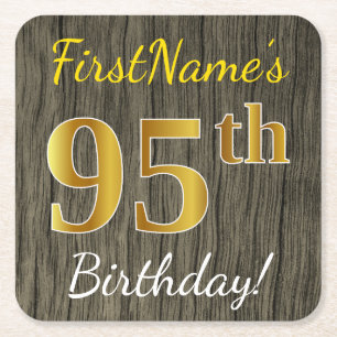 Faux Wood, Faux Gold 95th Birthday + Custom Name Square Paper Coaster