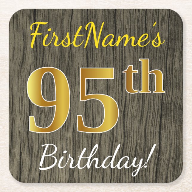 Faux Wood, Faux Gold 95th Birthday + Custom Name Square Paper Coaster (Front)