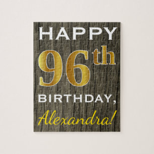 Faux Wood, Faux Gold 96th Birthday + Custom Name Jigsaw Puzzle